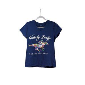 Kentucky Derby Blue Horse Racing V-neck T-shirt Sz L